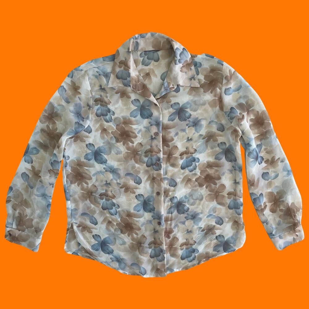 90's vintage chiffon floral collared button up blouse MEDIUM